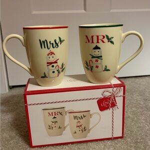 Lenox Snowman Mr. and Mrs. Mug Set - Cream with Red and Green Accents